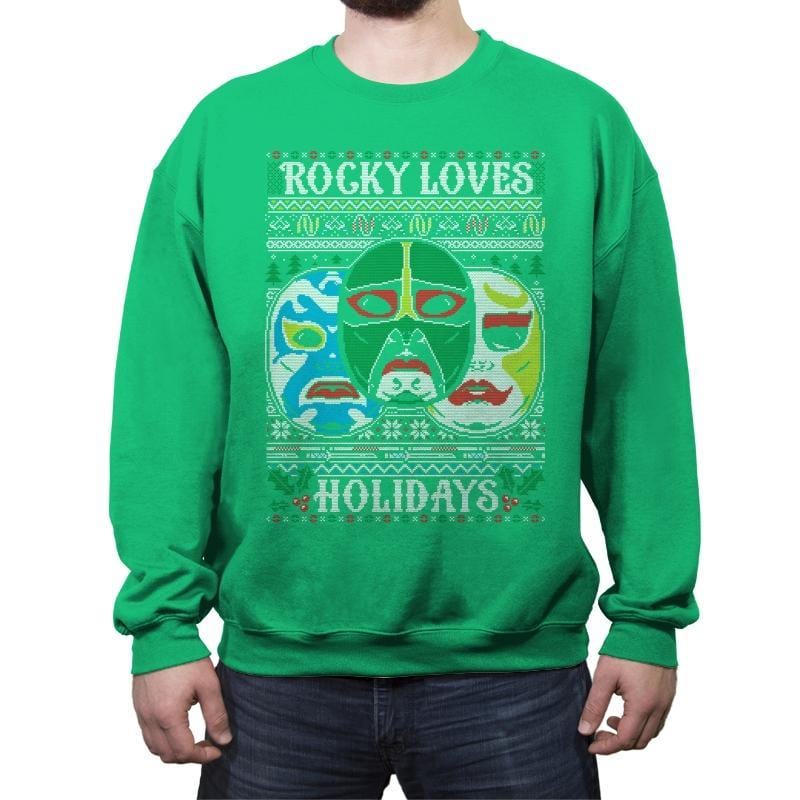 Rocky Loves Holidays - Ugly Holiday - Crew Neck Sweatshirt Crew Neck Sweatshirt Gooten Small / Irish Green