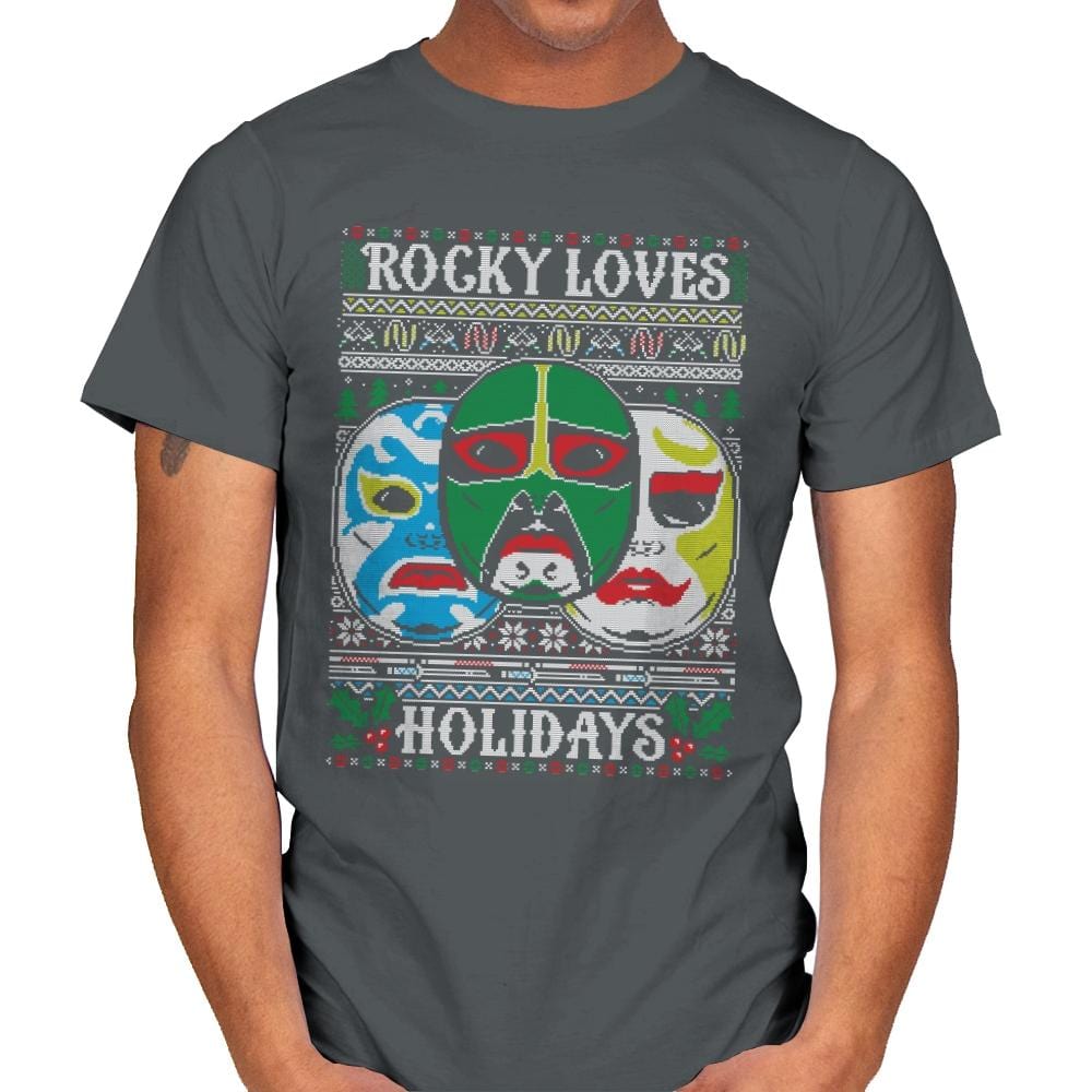 Rocky Loves Holidays - Ugly Holiday - Mens T-Shirts RIPT Apparel Small / Charcoal