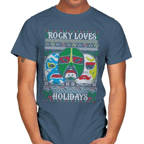 Rocky Loves Holidays - Ugly Holiday - Mens T-Shirts RIPT Apparel Small / Indigo Blue
