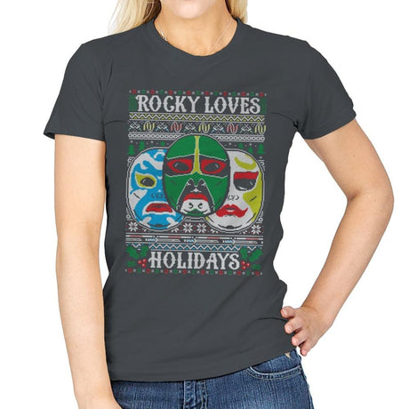 Rocky Loves Holidays - Ugly Holiday - Womens T-Shirts RIPT Apparel Small / Charcoal