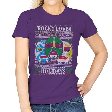 Rocky Loves Holidays - Ugly Holiday - Womens T-Shirts RIPT Apparel Small / Purple