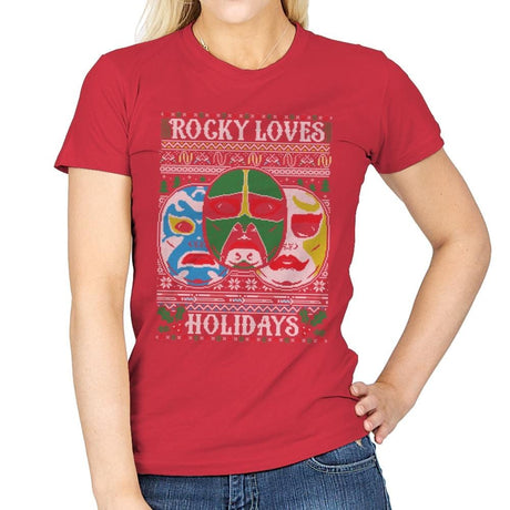 Rocky Loves Holidays - Ugly Holiday - Womens T-Shirts RIPT Apparel Small / Red