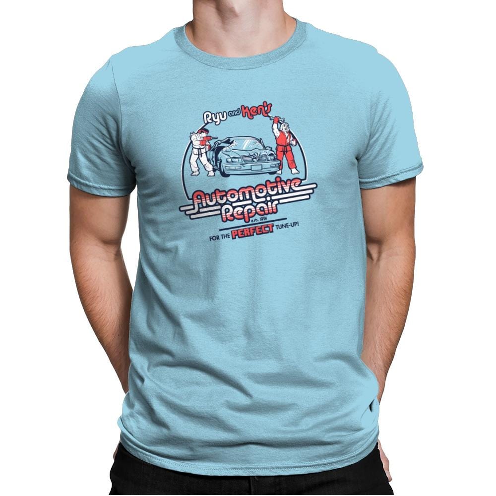 Ryu and Ken's Automotive Repair Exclusive - Mens Premium T-Shirts RIPT Apparel Small / Light Blue