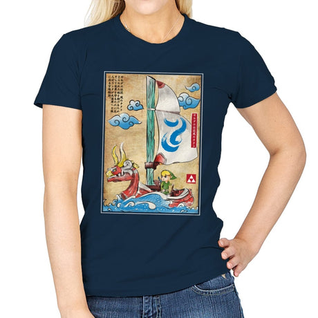 Sailing with the Wind Woodblock - Womens T-Shirts RIPT Apparel Small / Navy