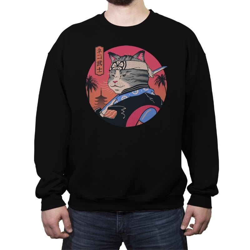 Samurai Cat - Crew Neck Sweatshirt Crew Neck Sweatshirt RIPT Apparel Small / Black
