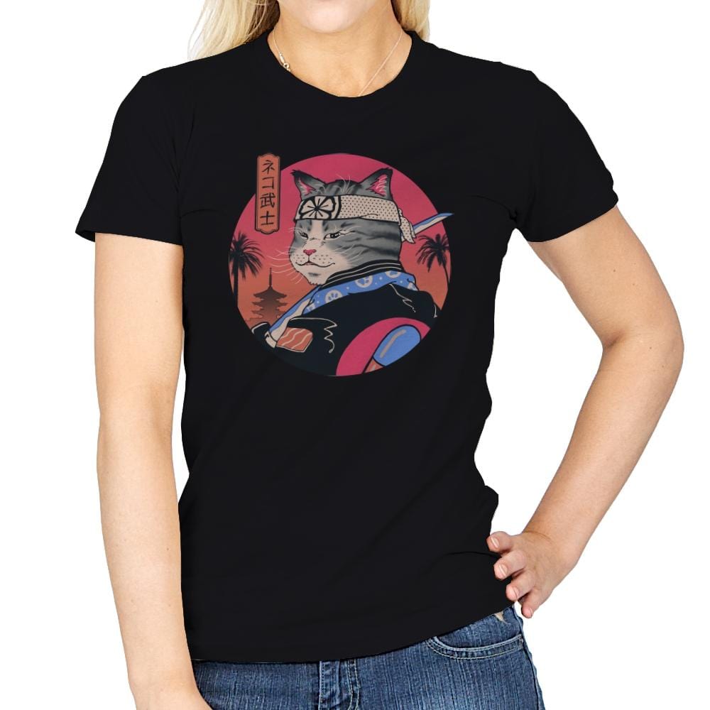 Samurai Cat - Womens T-Shirts RIPT Apparel Small / Black