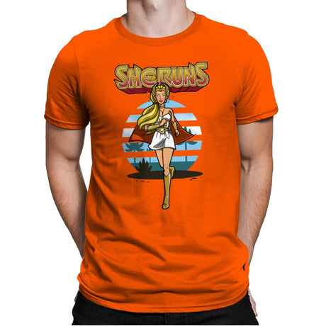 She Runs - Mens Premium T-Shirts RIPT Apparel Small / Classic Orange