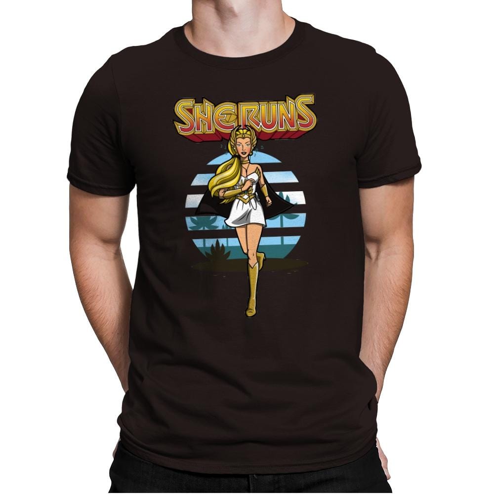 She Runs - Mens Premium T-Shirts RIPT Apparel Small / Dark Chocolate