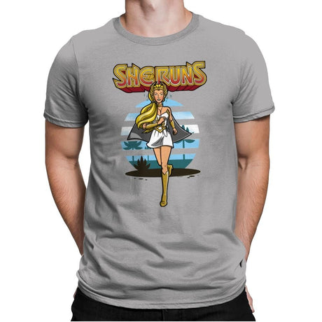 She Runs - Mens Premium T-Shirts RIPT Apparel Small / Light Grey