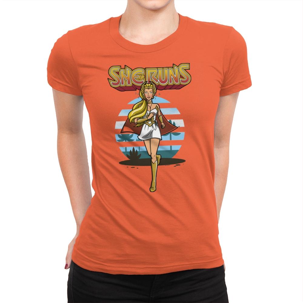 She Runs - Womens Premium T-Shirts RIPT Apparel Small / Classic Orange