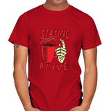 Staying Alive With Coffee - Mens T-Shirts RIPT Apparel Small / Red