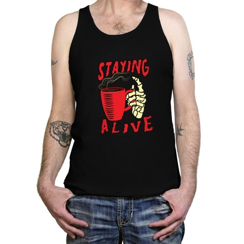 Staying Alive With Coffee - Tanktop Tanktop RIPT Apparel X-Small / Black