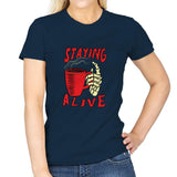 Staying Alive With Coffee - Womens T-Shirts RIPT Apparel Small / Navy