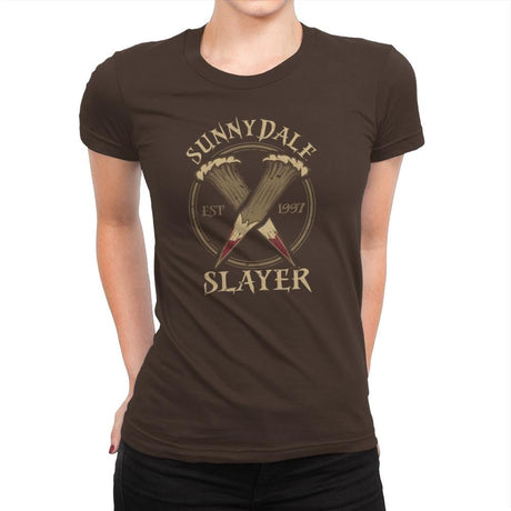 Sunnydale Slayer - Womens Premium T-Shirts RIPT Apparel Small / Dark Chocolate
