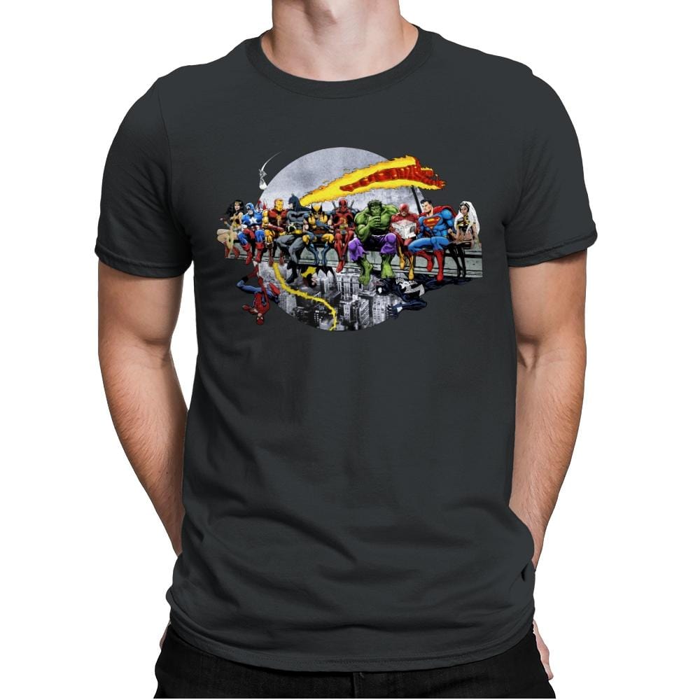 Superheroes Lunch Atop A Skyscraper - Best Seller - Mens Premium T-Shirts RIPT Apparel Small / Heavy Metal