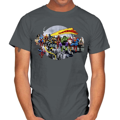Superheroes Lunch Atop A Skyscraper - Best Seller - Mens T-Shirts RIPT Apparel Small / Charcoal