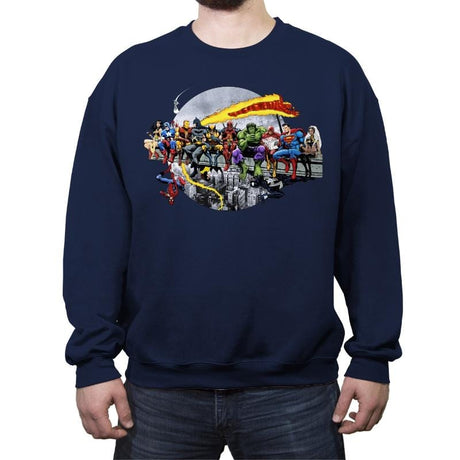Superheroes Lunch Atop A Skyscraper - Crew Neck Sweatshirt Crew Neck Sweatshirt RIPT Apparel Small / Navy