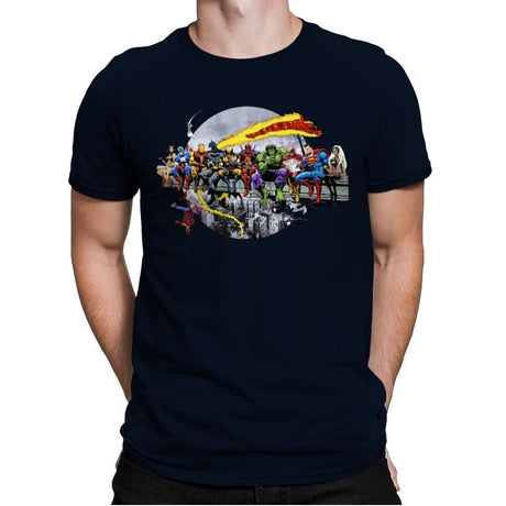 Superheroes Lunch Atop A Skyscraper - Mens Premium T-Shirts RIPT Apparel Small / Midnight Navy