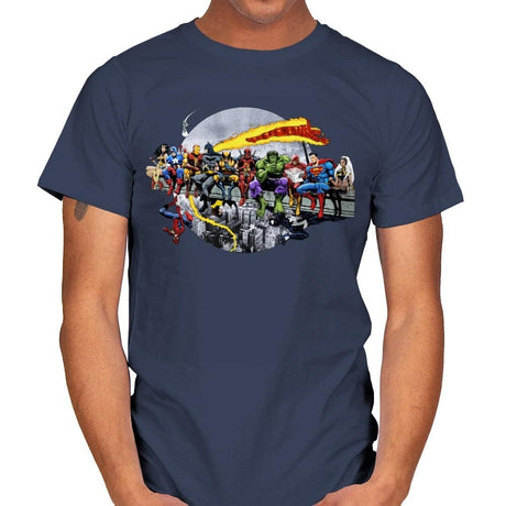 Superheroes Lunch Atop A Skyscraper - Mens T-Shirts RIPT Apparel Small / Navy