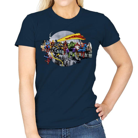 Superheroes Lunch Atop A Skyscraper - Womens T-Shirts RIPT Apparel Small / Navy