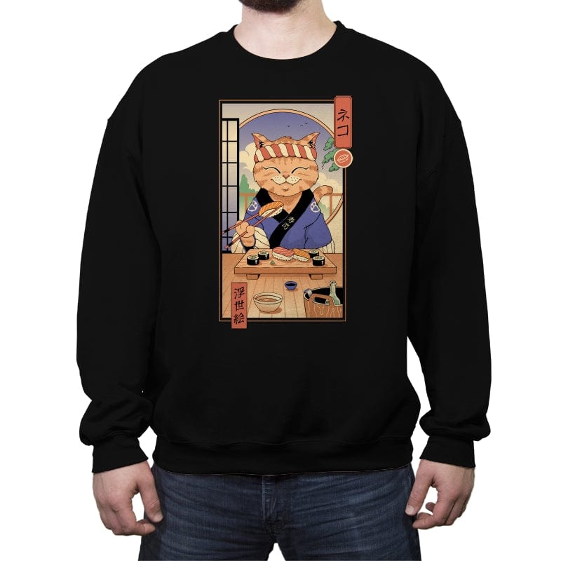 Sushi Cat in Edo - Crew Neck Sweatshirt Crew Neck Sweatshirt RIPT Apparel Small / Black