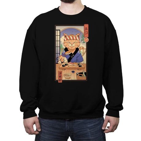Sushi Cat in Edo - Crew Neck Sweatshirt Crew Neck Sweatshirt RIPT Apparel Small / Black
