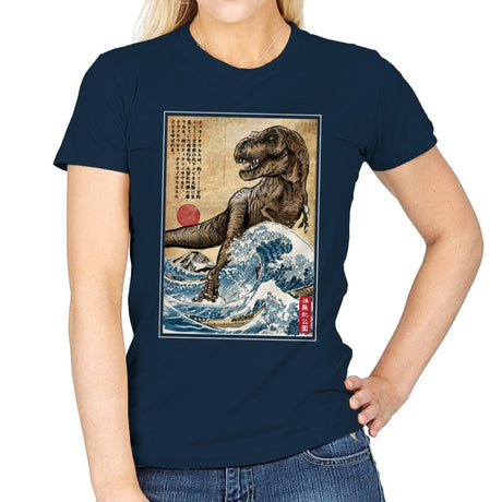 T-Rex in Japan Woodblock - Womens T-Shirts RIPT Apparel Small / Navy