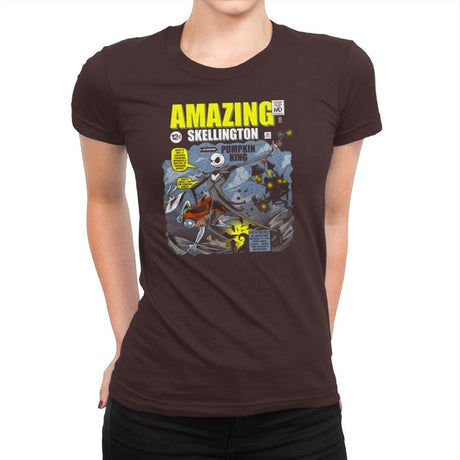The Amazing Skellington Exclusive - Womens Premium T-Shirts RIPT Apparel Small / Dark Chocolate
