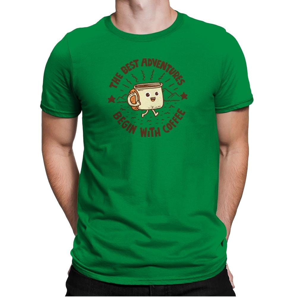 The Best Adventures Begin With Coffee - Mens Premium T-Shirts RIPT Apparel Small / Kelly