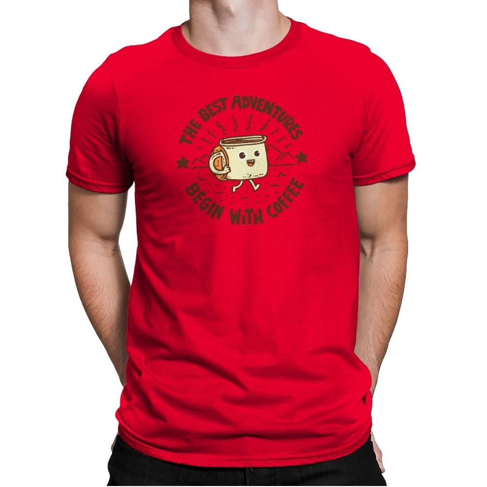 The Best Adventures Begin With Coffee - Mens Premium T-Shirts RIPT Apparel Small / Red