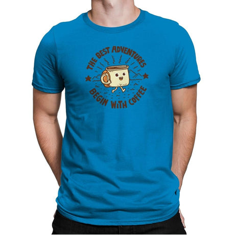 The Best Adventures Begin With Coffee - Mens Premium T-Shirts RIPT Apparel Small / Turqouise