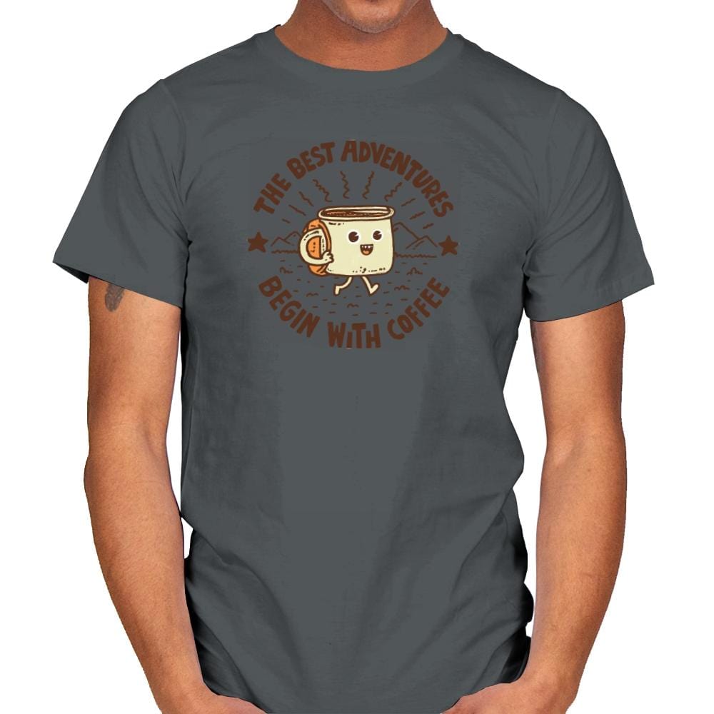 The Best Adventures Begin With Coffee - Mens T-Shirts RIPT Apparel Small / Charcoal