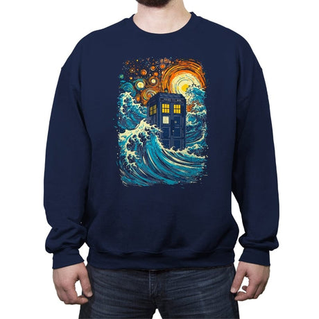 The Great Wave and The Tardis - Crew Neck Sweatshirt Crew Neck Sweatshirt RIPT Apparel Small / Navy