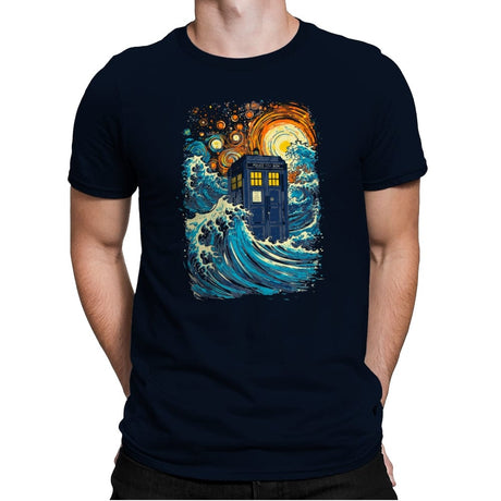 The Great Wave and The Tardis - Mens Premium T-Shirts RIPT Apparel Small / Midnight Navy