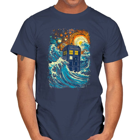 The Great Wave and The Tardis - Mens T-Shirts RIPT Apparel Small / Navy