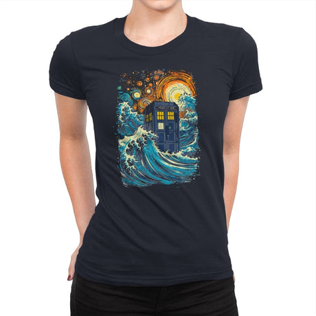 The Great Wave and The Tardis - Womens Premium T-Shirts RIPT Apparel Small / Midnight Navy