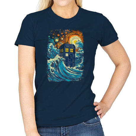 The Great Wave and The Tardis - Womens T-Shirts RIPT Apparel Small / Navy