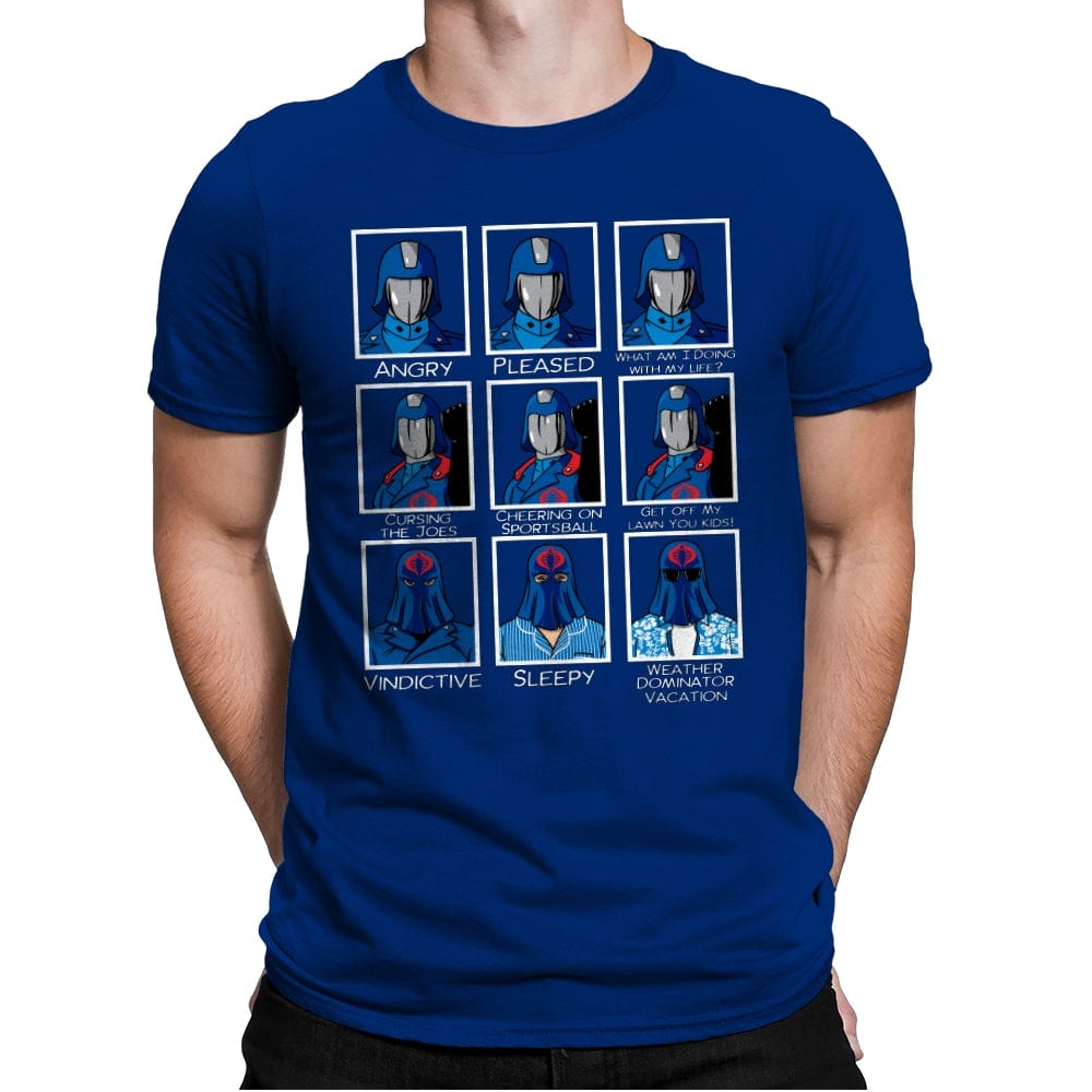 The Many Faces of Cobra Commander - Mens Premium T-Shirts RIPT Apparel Small / Royal