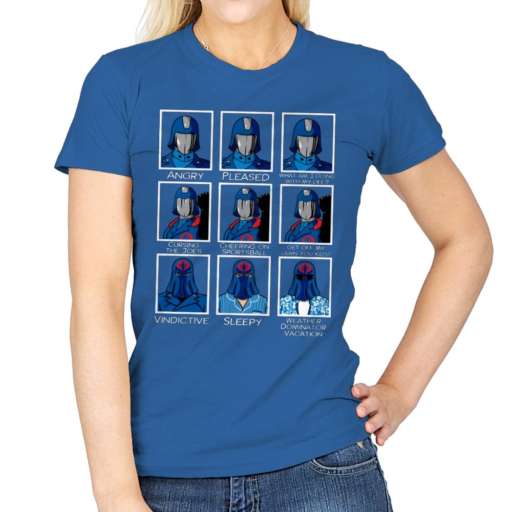 The Many Faces of Cobra Commander - Womens T-Shirts RIPT Apparel Small / Royal