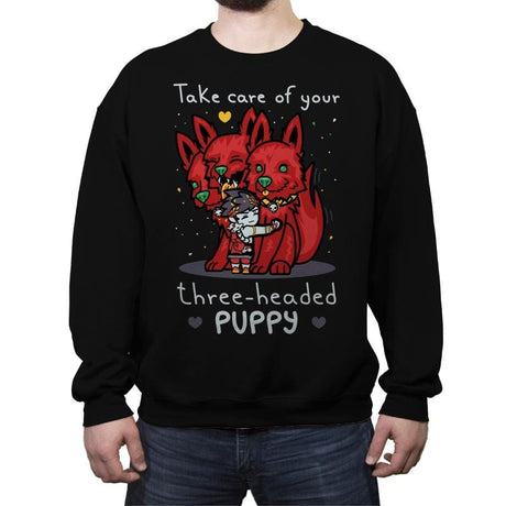 Three-Headed Puppy - Crew Neck Sweatshirt Crew Neck Sweatshirt RIPT Apparel Small / Black