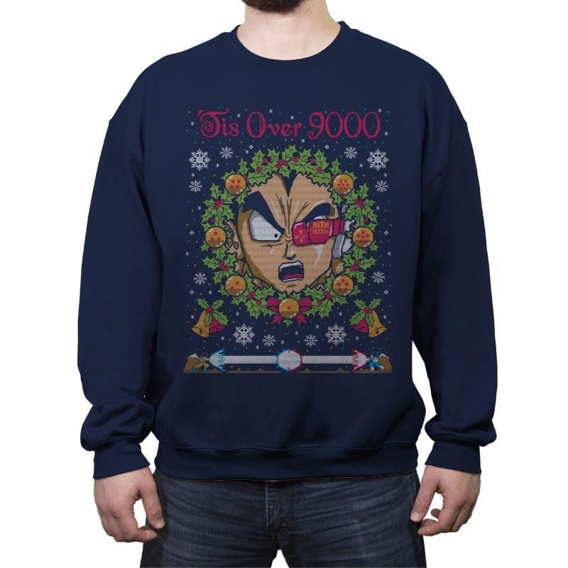 Tis' Over 9000 - Ugly Holiday - Crew Neck Sweatshirt Crew Neck Sweatshirt Gooten Medium / Navy