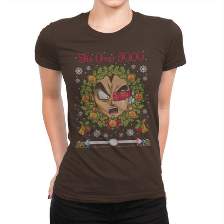 Tis' Over 9000 - Ugly Holiday - Womens Premium T-Shirts RIPT Apparel Small / Dark Chocolate
