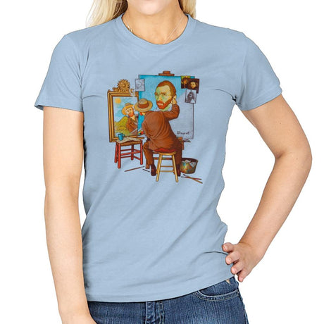 Van Gogh Triple Portrait - Pop Impressionism - Womens T-Shirts RIPT Apparel Small / Light Blue