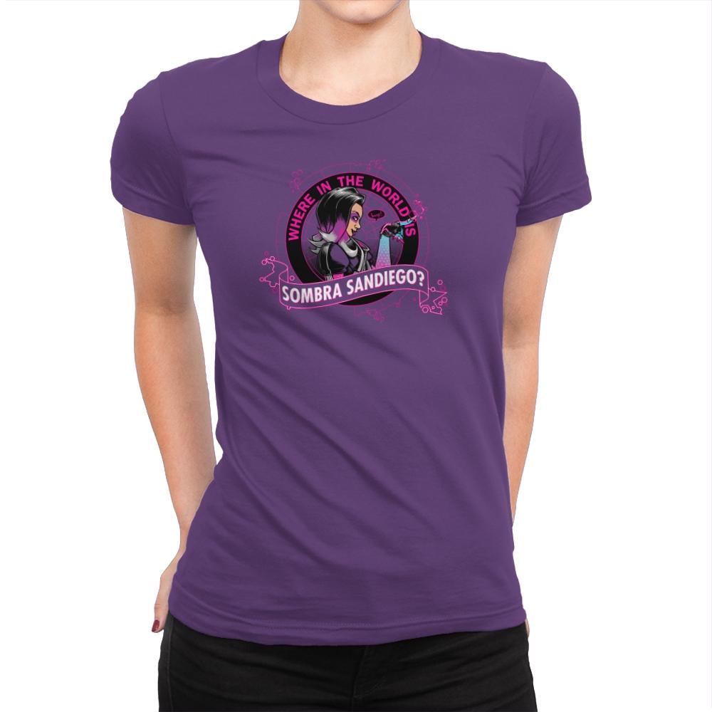 Where in the World is Sombra Sandiego? Exclusive - Womens Premium T-Shirts RIPT Apparel Small / Purple Rush