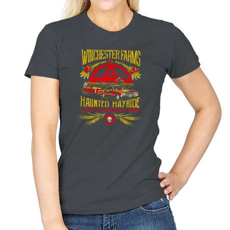 Winchester Farms Haunted Hay Ride Exclusive - Womens T-Shirts RIPT Apparel Small / Charcoal