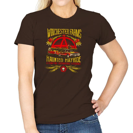 Winchester Farms Haunted Hay Ride Exclusive - Womens T-Shirts RIPT Apparel Small / Dark Chocolate