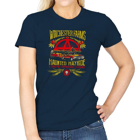 Winchester Farms Haunted Hay Ride Exclusive - Womens T-Shirts RIPT Apparel Small / Navy