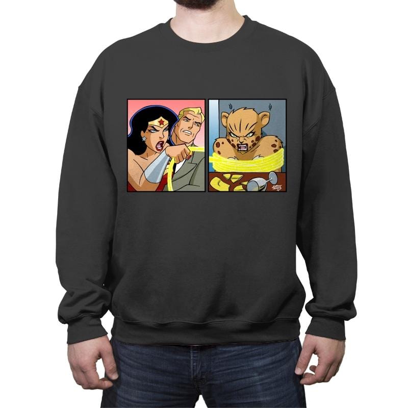 Woman Yelling At Cheetah - Crew Neck Sweatshirt Crew Neck Sweatshirt RIPT Apparel Small / Charcoal