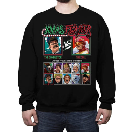 Xmas Fighter - Polar Express vs Jingle All The Way - Crew Neck Sweatshirt Crew Neck Sweatshirt RIPT Apparel Small / Black
