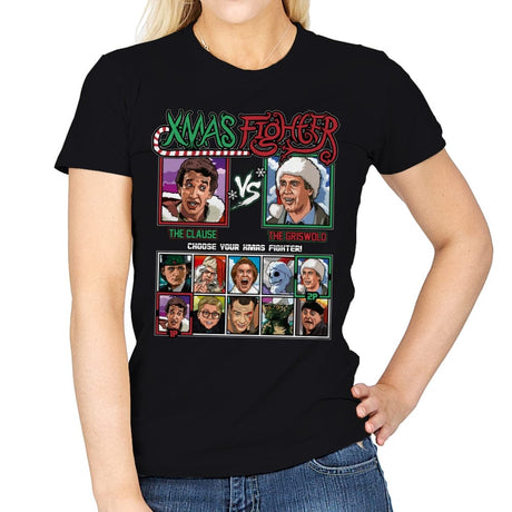 Xmas Fighter - Santa Clause vs National Lampoons Christmas Vacation - Womens T-Shirts RIPT Apparel Small / Black